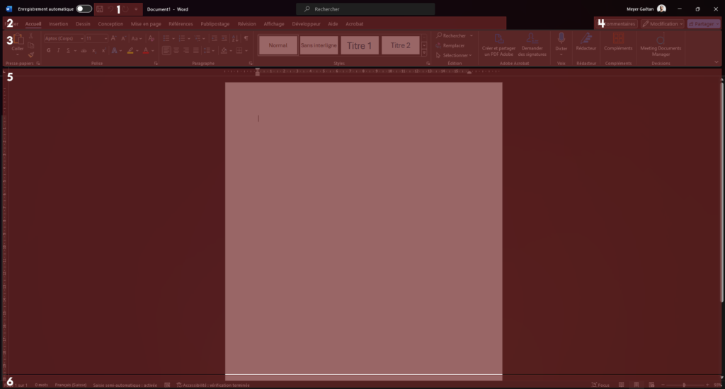 Le fichier montre une interface sombre de Microsoft Word, avec les options standards de mise en page et de style en haut de l'écran. La zone de travail est une page blanche, vierge. Des annotations sont présente sur la page, représentées par des carrés rouge et des numéros.
