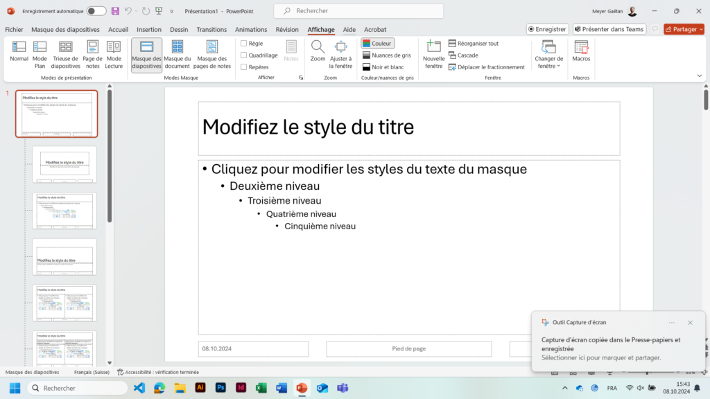 Capture d'écran de la vue de powerpoint lorsque l'utilisateur clic sur l'onglet "Affichage".