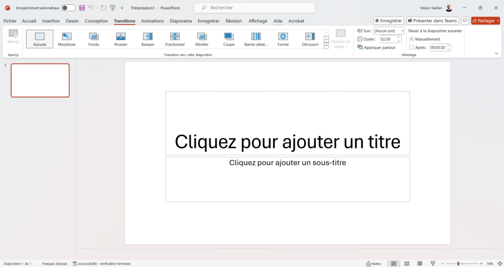 Capture d'écran de l'etat du programme lorsque l'onglet "Transition" est sélectionné.