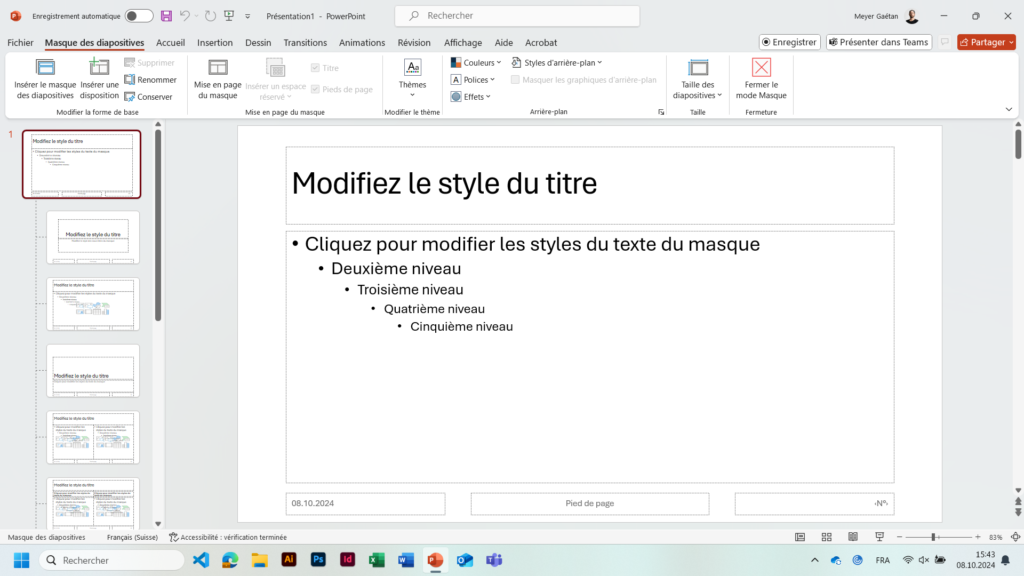 Capture d'écran de la vue de powerpoint lorsque l'utilisateur clic sur l'onglet "Masque des diapositives".