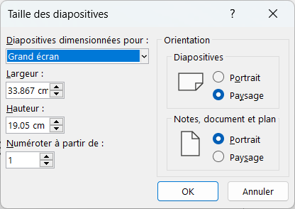Capture d'écran de la fenêtre contextuelle de la taille de la diapositive. Il est possible de choisir les formats, les tailles et la numérotation.