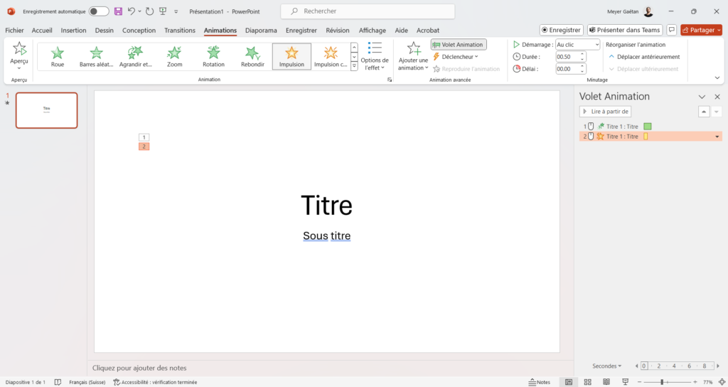 Capture d'écran de l'état du programme lorsque des animations ont été ajoutées à un objet d'une slide. Le volet d'animation est ouvert avec la liste des animations présentes sur cette page.