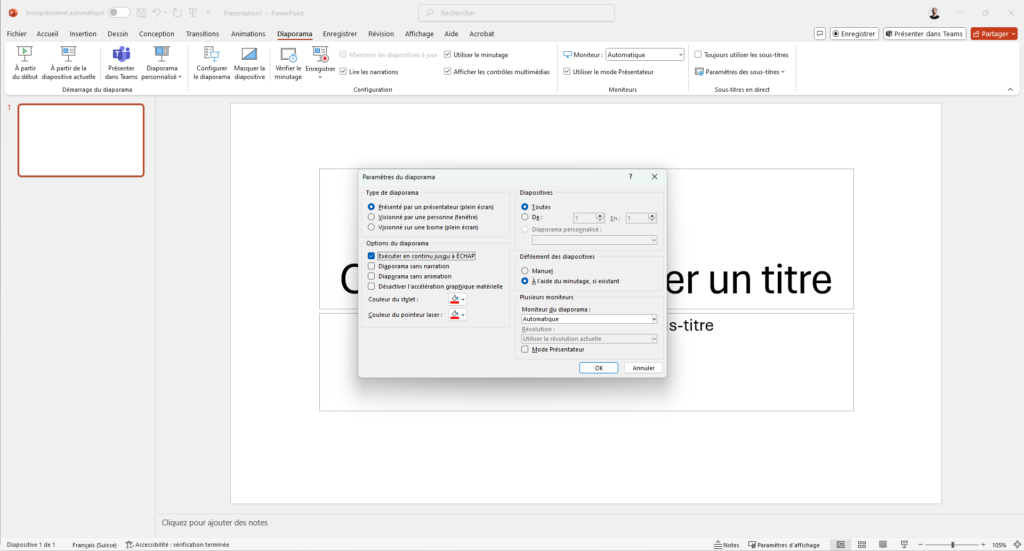 Capture d'écran qui montre l'état du programme lorsque l'utilisateur a ouvert la fenêtre contextuelle de configuration du diaporama.