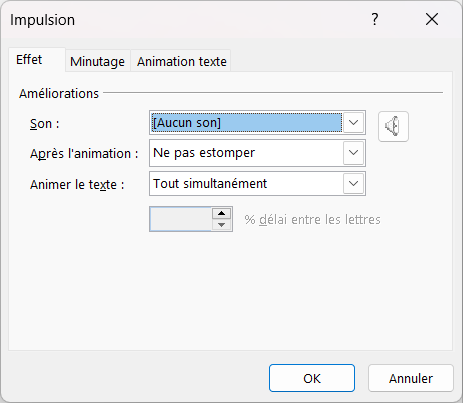 Capture d'écran de la fenêtre "Effet" des options d'effet.