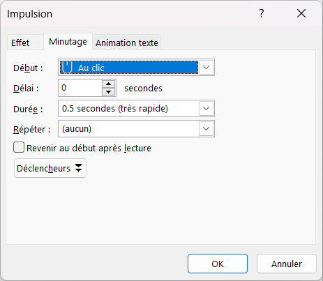 Capture d'écran de la fenêtre "Minutage" des options d'effet.