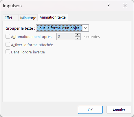 Capture d'écran de la fenêtre "animation text" des options d'effet.