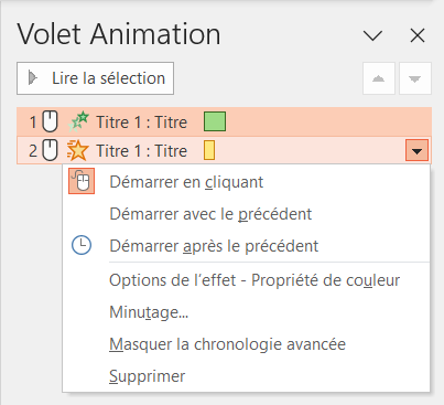 Capture d'écran du volet d'animation. On y voit deux animations définies sur le titre. Le menu contextuel de la seconde animation est ouvert.