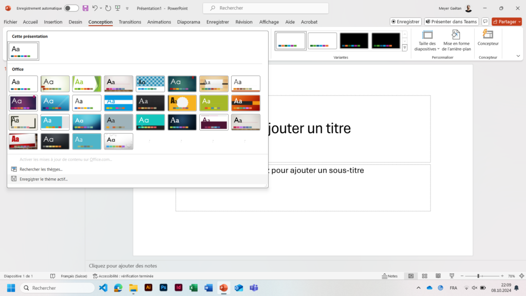Capture d'écran illustrant le propos précédent concernant l'enregistrement d'un thème PowerPoint.