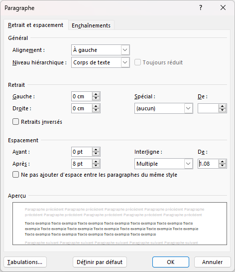 Capture d'écran du programme Word. L'image affiche la fenêtre contextuelle "paragraphe" ou il est possible de régler les retraits et les espacements.