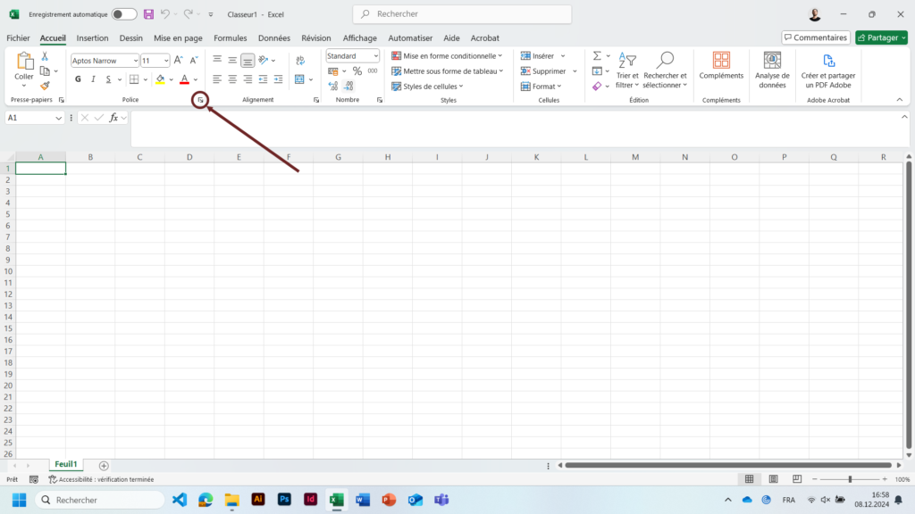 Capture d'écran de l'accueil d'excel avec une fl^che qui indique la petite flèche présente en bas à droite du groupe d'outils "Police"